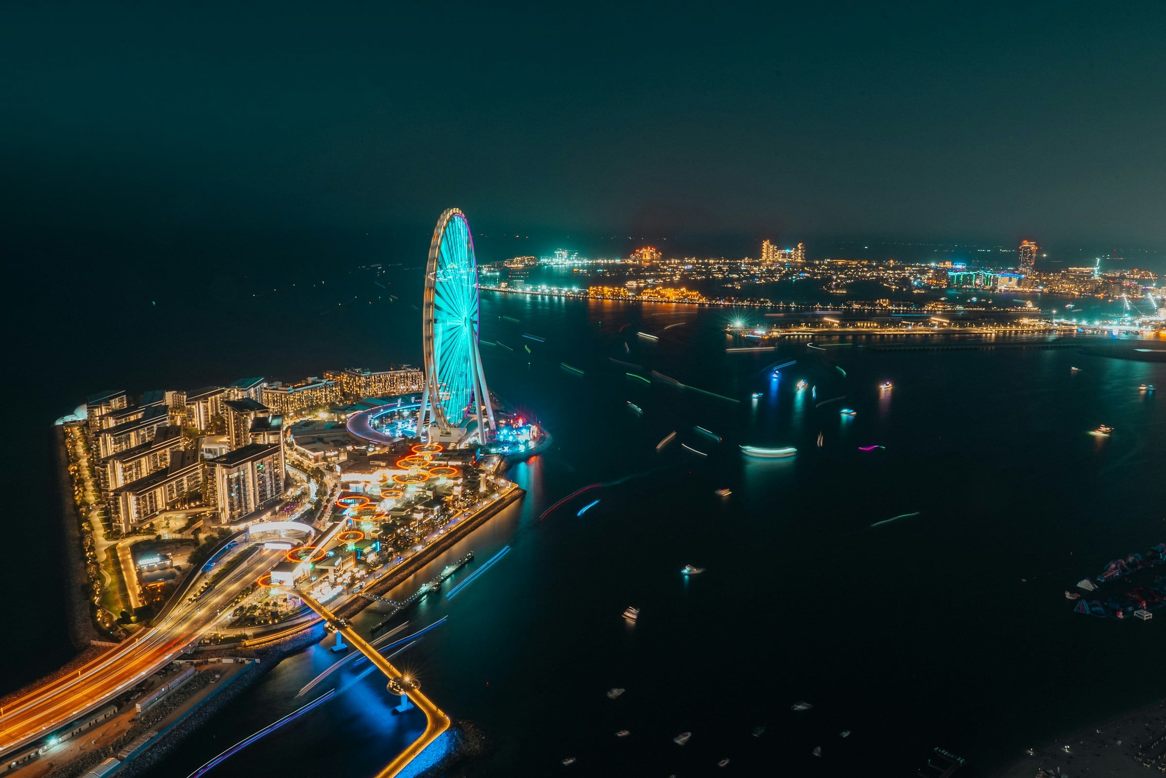 The Dubai coastline from the air at night