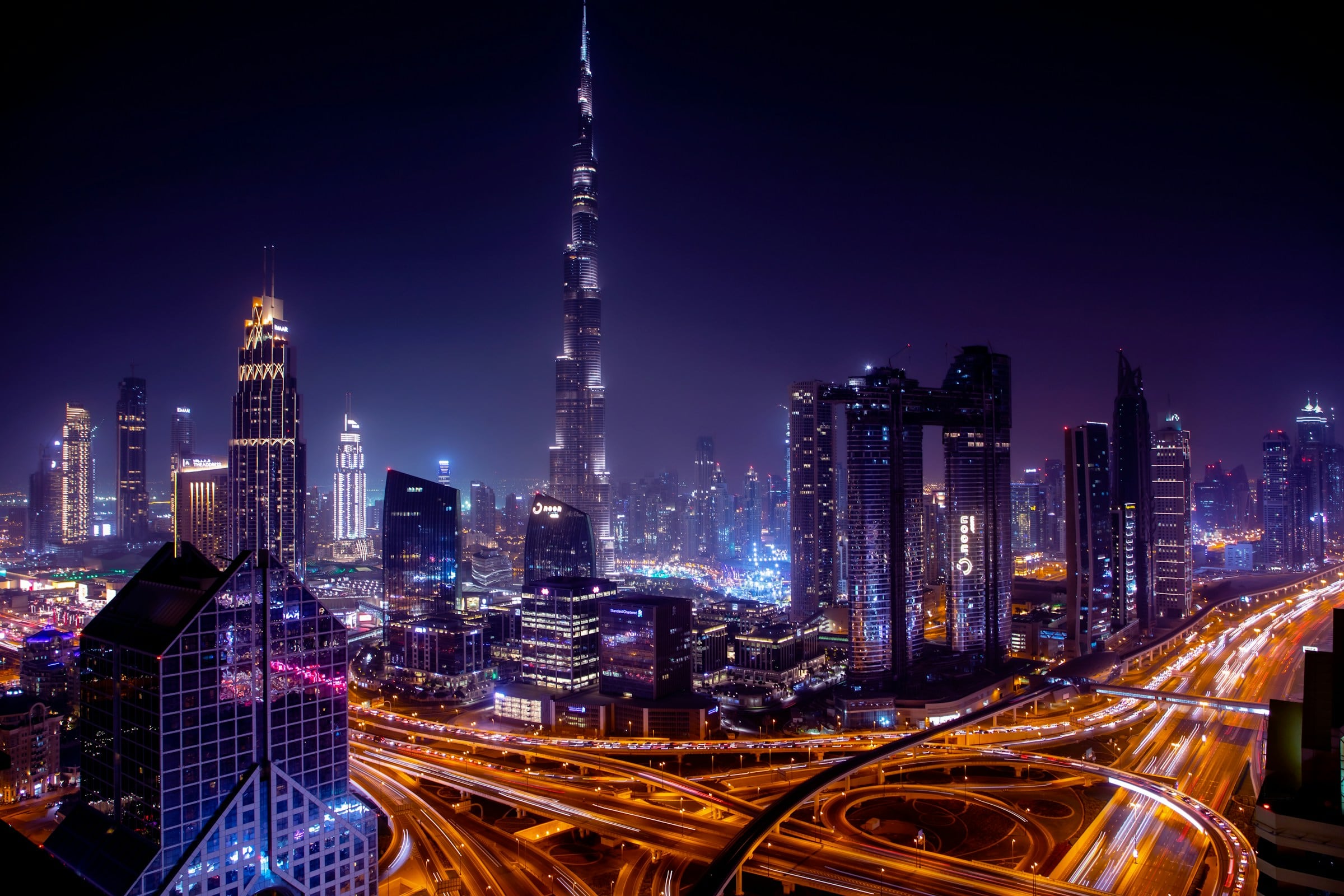 Light trails through Downtown Dubai at night