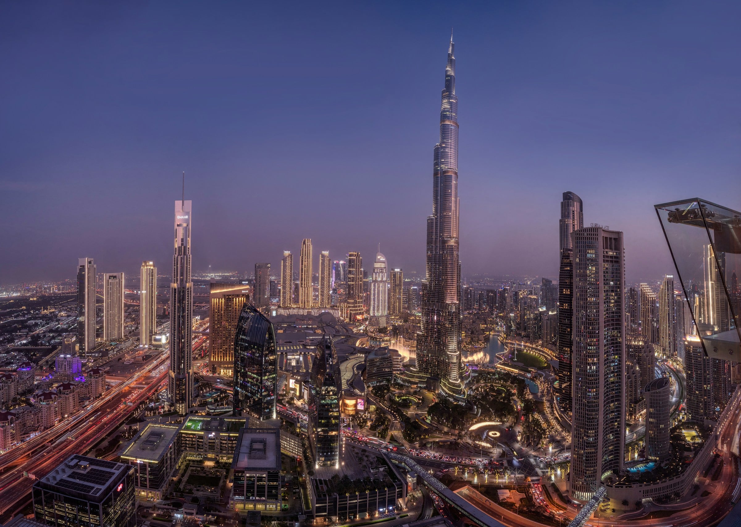 Downtown Dubai and Business Bay at twilight