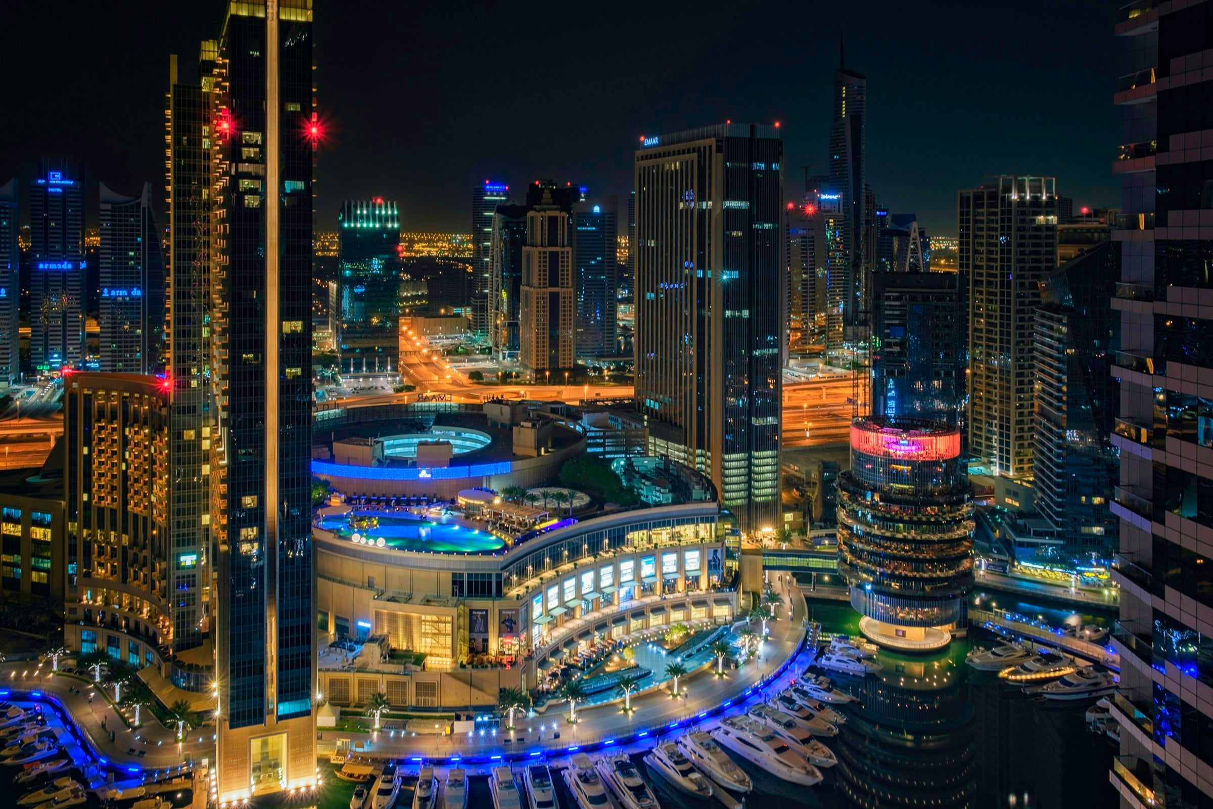 Dubai Marina from above at night