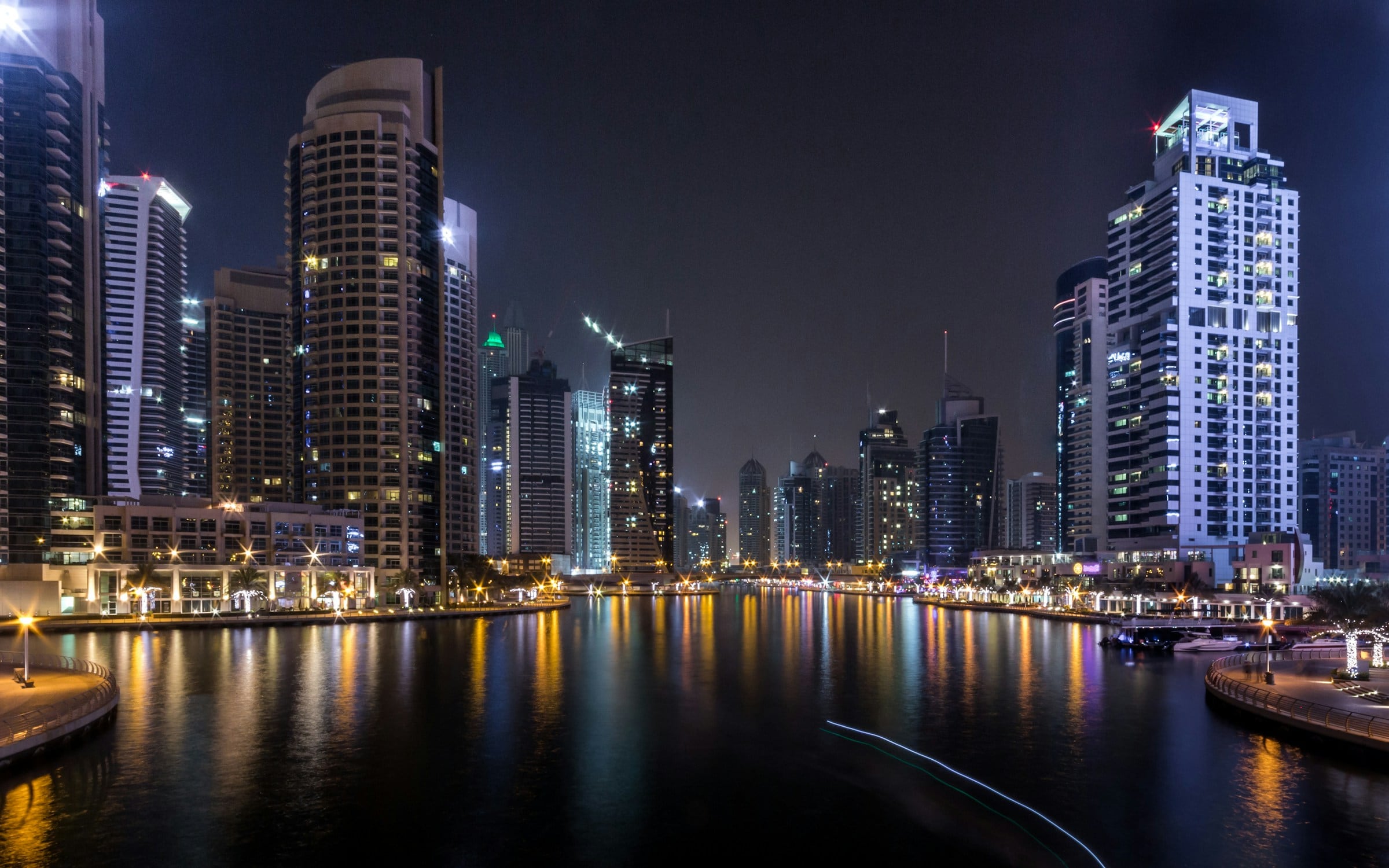 Waterfront towers lit at night