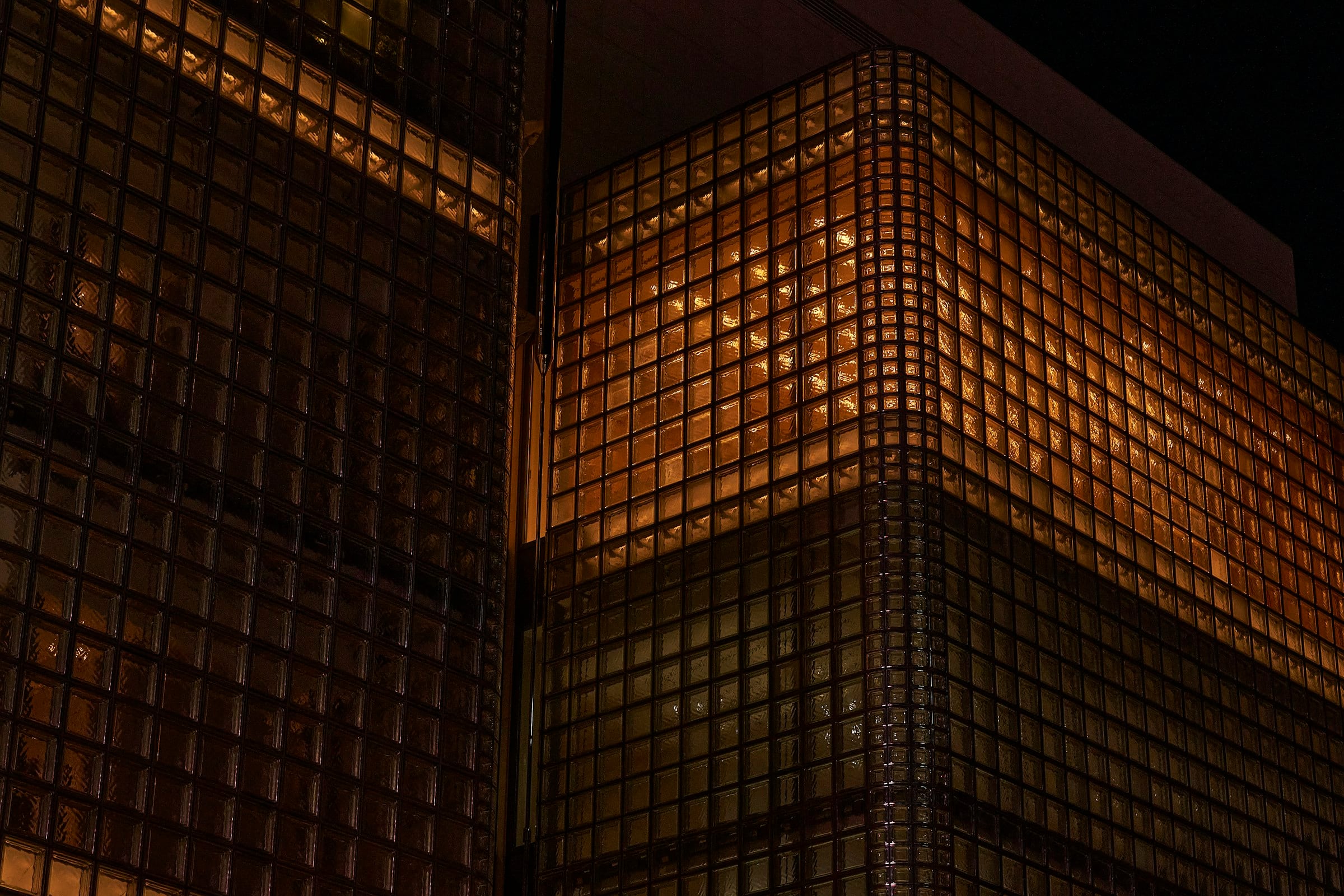 A glowing façade at night