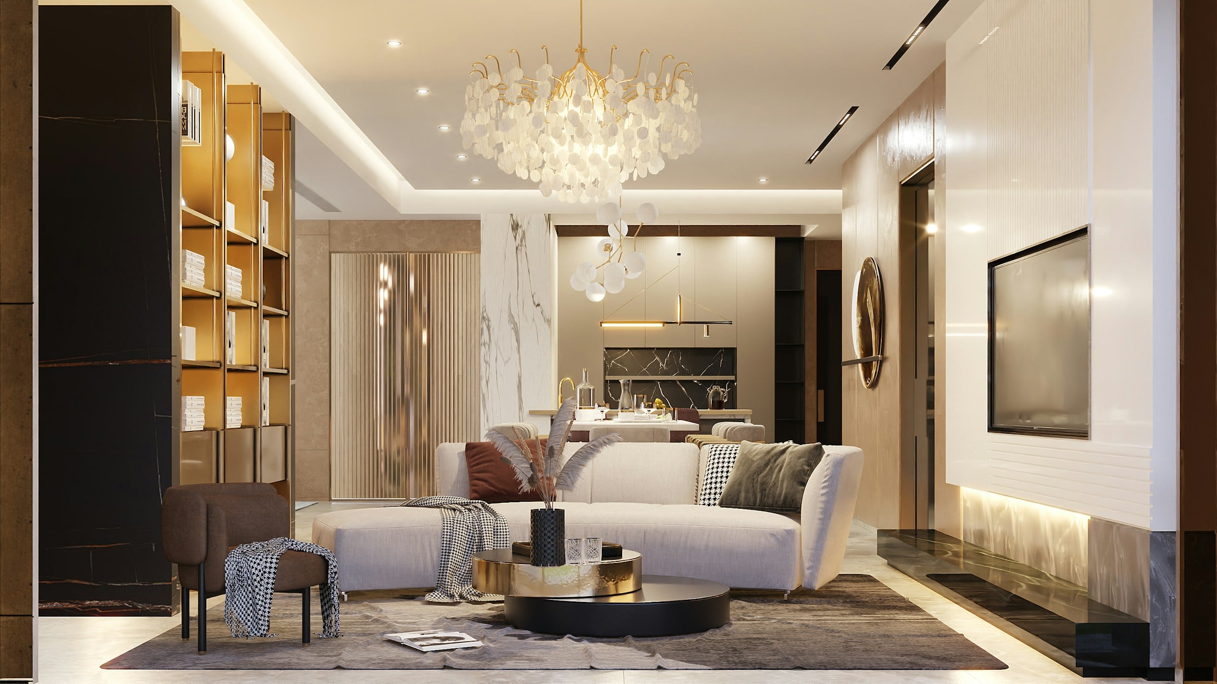 A living room with a crystal chandelier