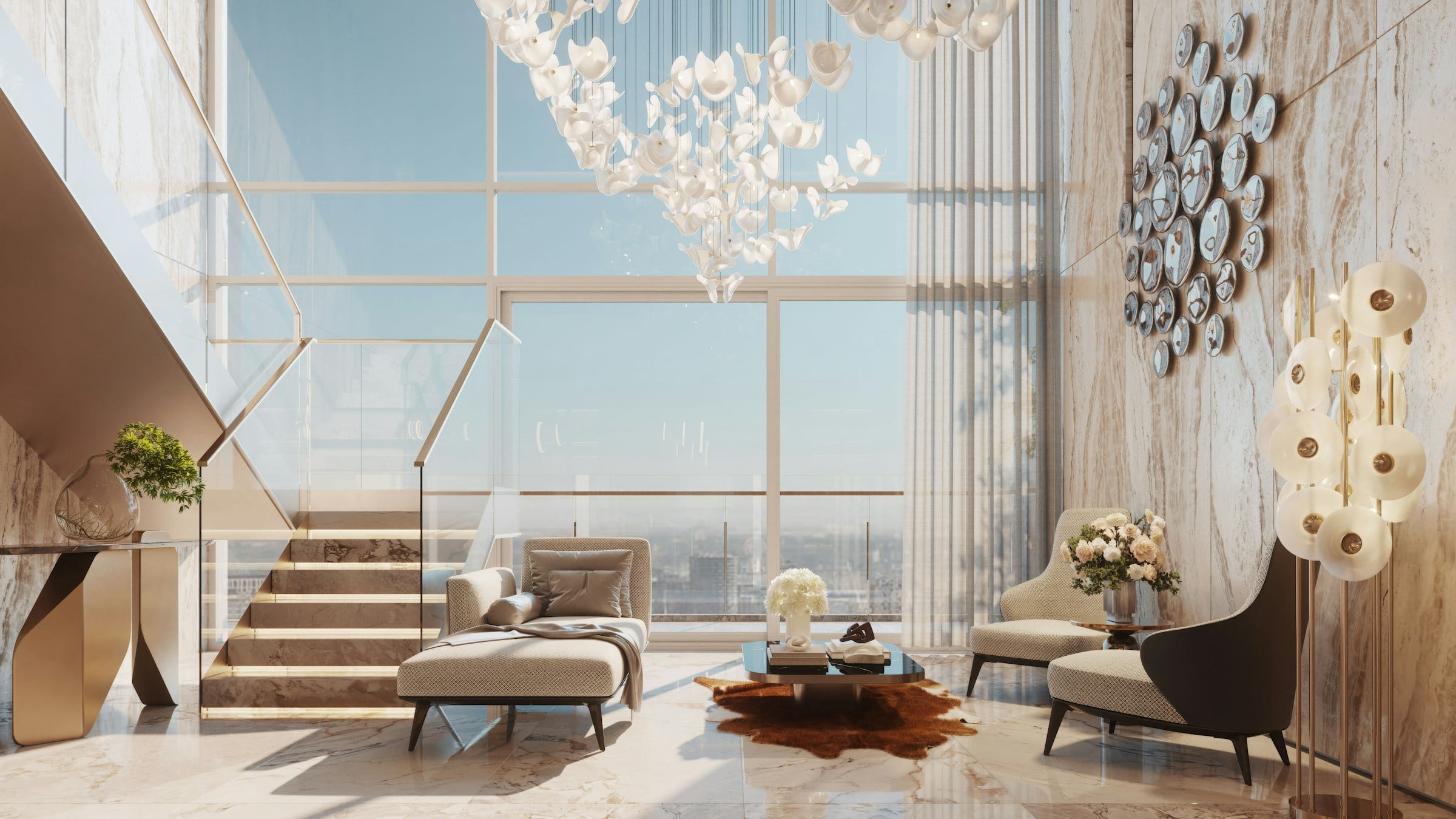 A double-height penthouse living room