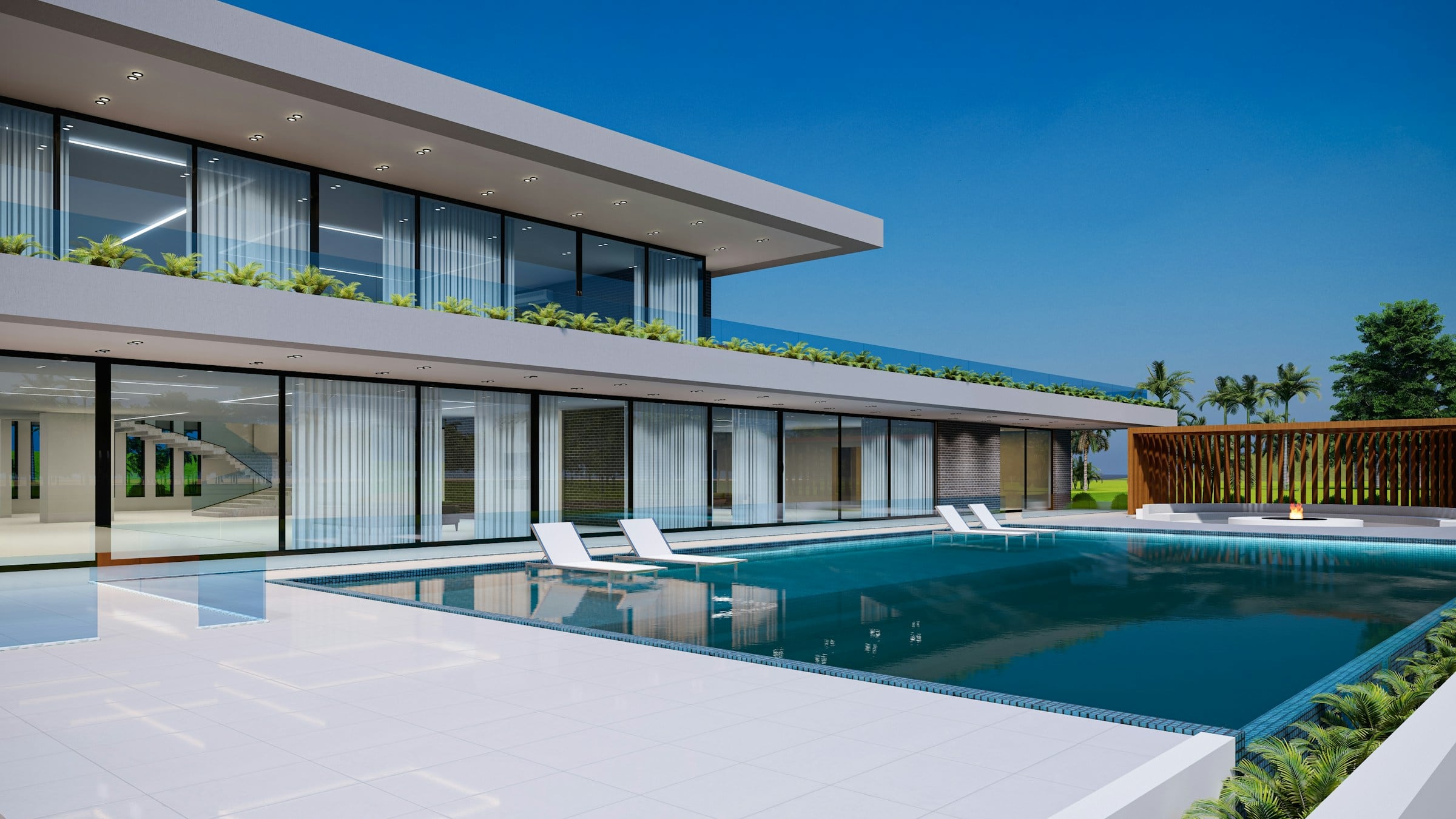 A contemporary villa with a long pool