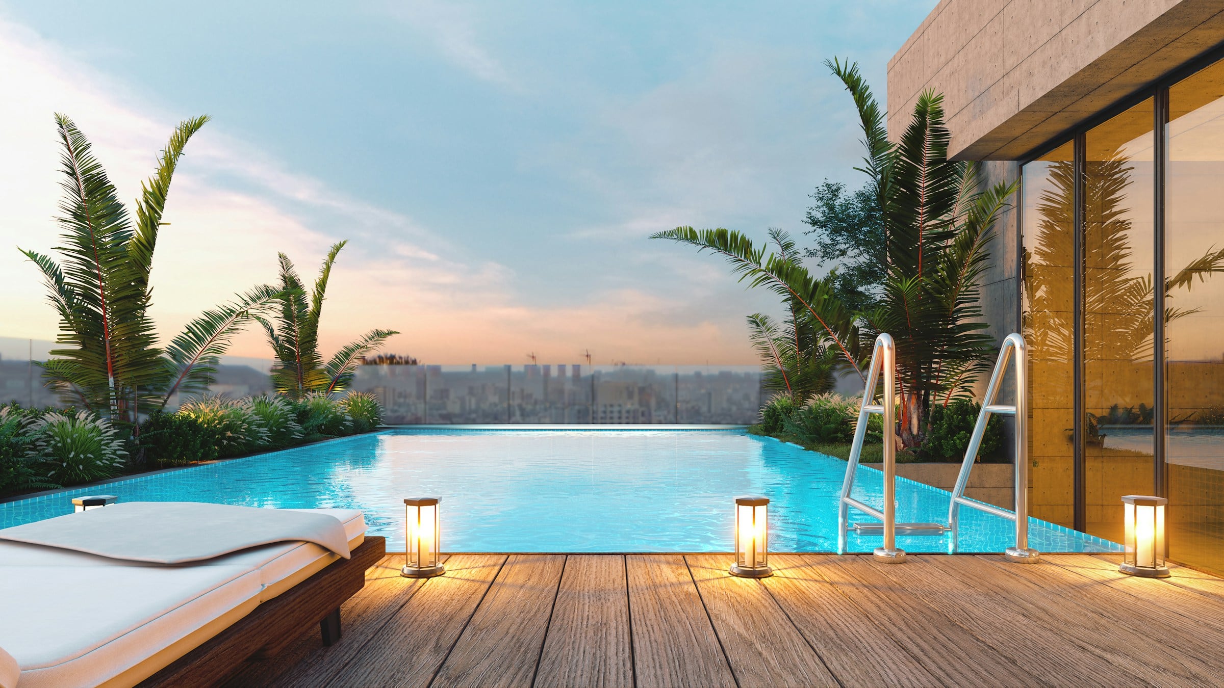 A rooftop pool at sunset