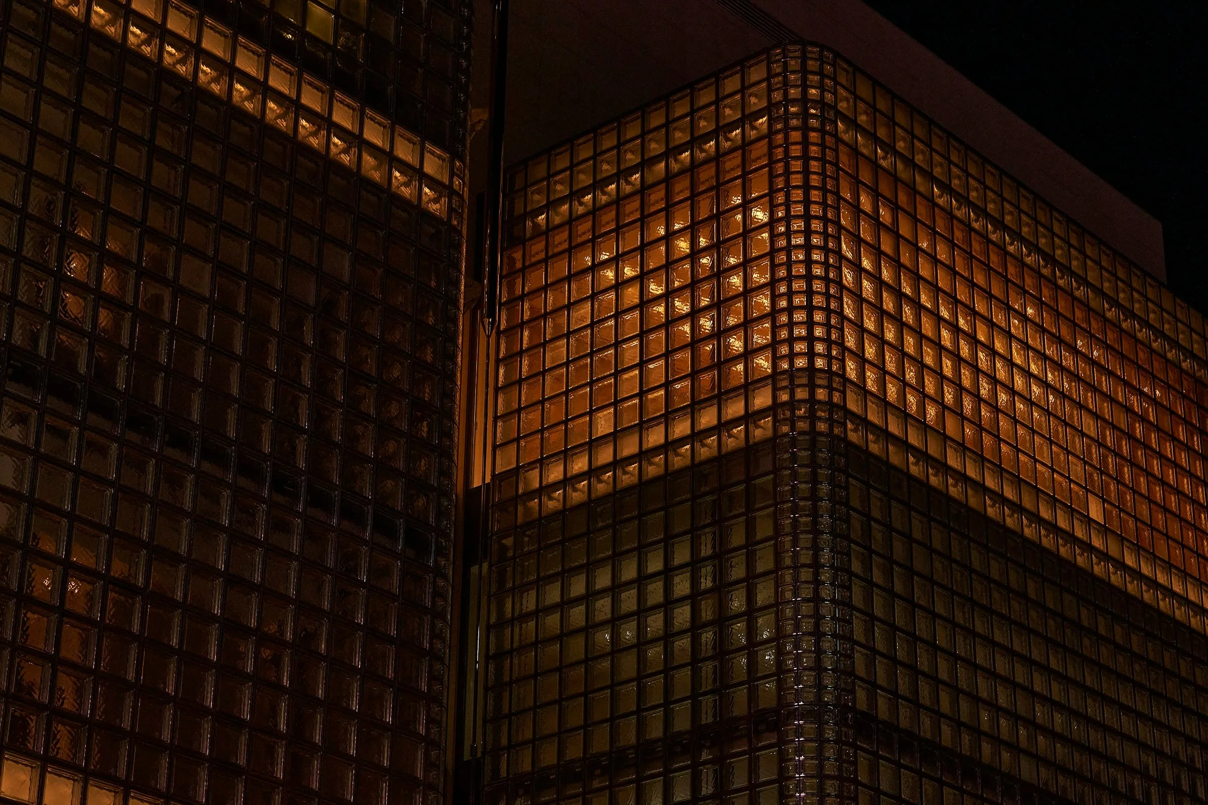 A glowing façade at night