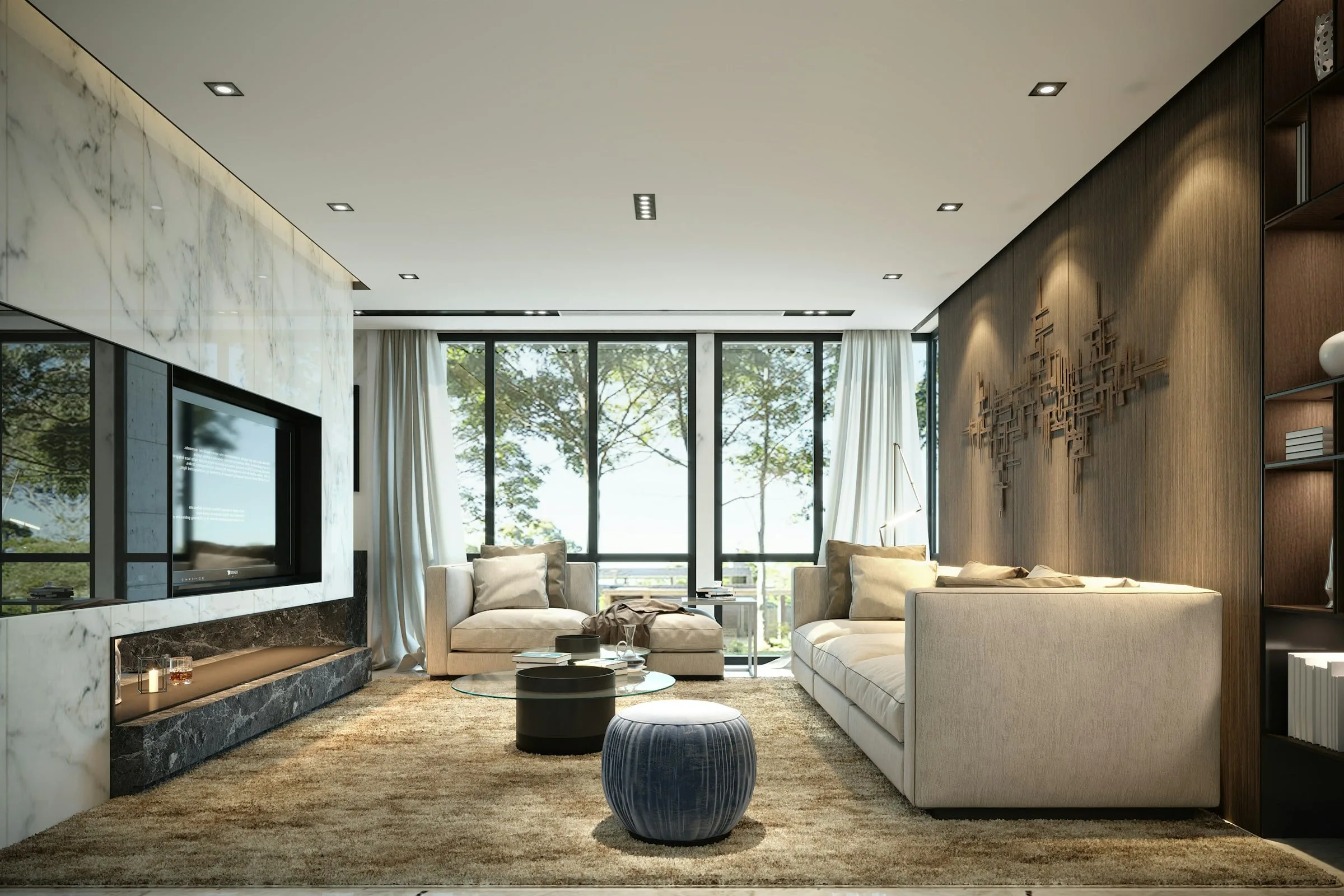 A living room with floor-to-ceiling windows